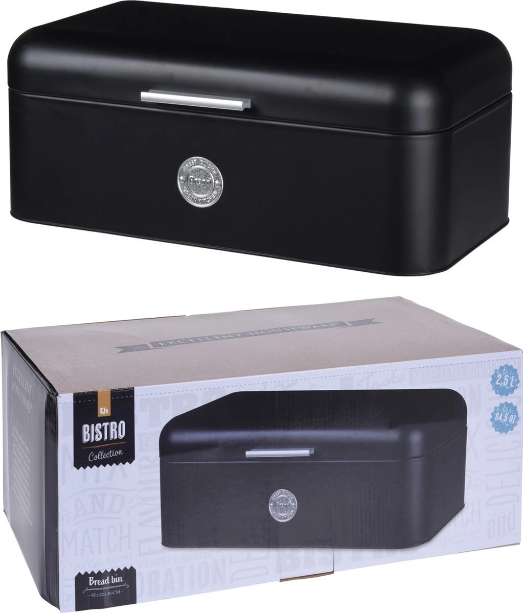 Excellent Houseware - Broodtrommel - Met Klepdeksel - Zwart - Metaal - Glans - Luchtgaten - Chique - Modern - Afbeelding 2