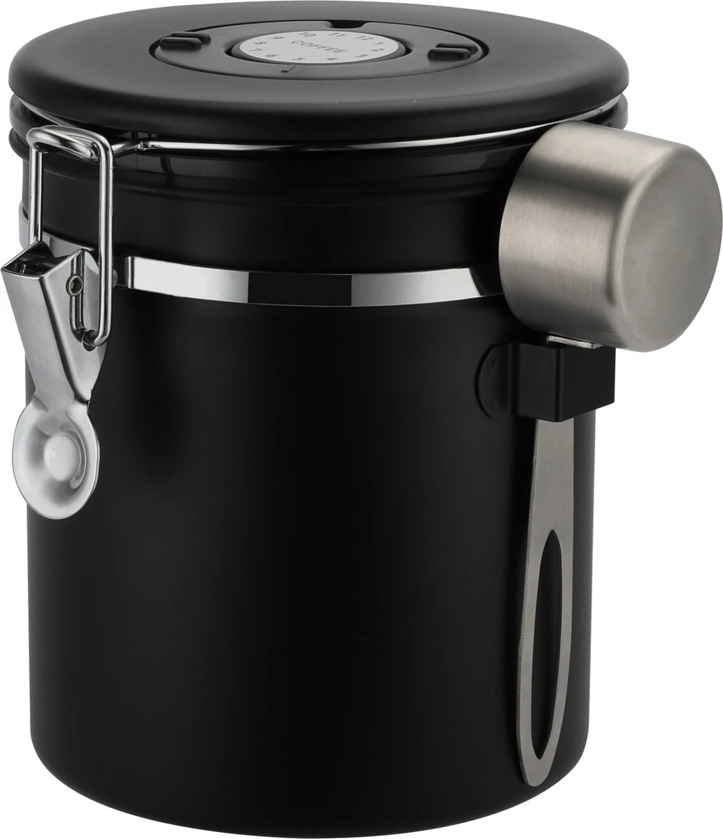 Koffie Bewaarbus Luchtdicht Met CO2 Uitlaat - Koffieblik Bewaarblik Voor 500 Gr Koffiebonen - Zwart - 1.2L