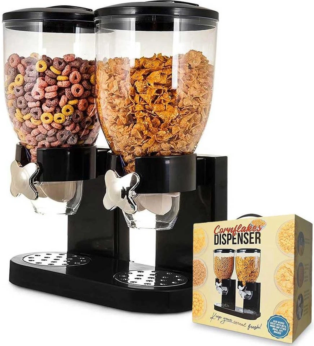 MikaMax Cornflakes Dispenser - Voorraadbus - Cornflakes Voorraadpot - Ontbijt Granendispenser - Zwart - 2 X 500 Gram