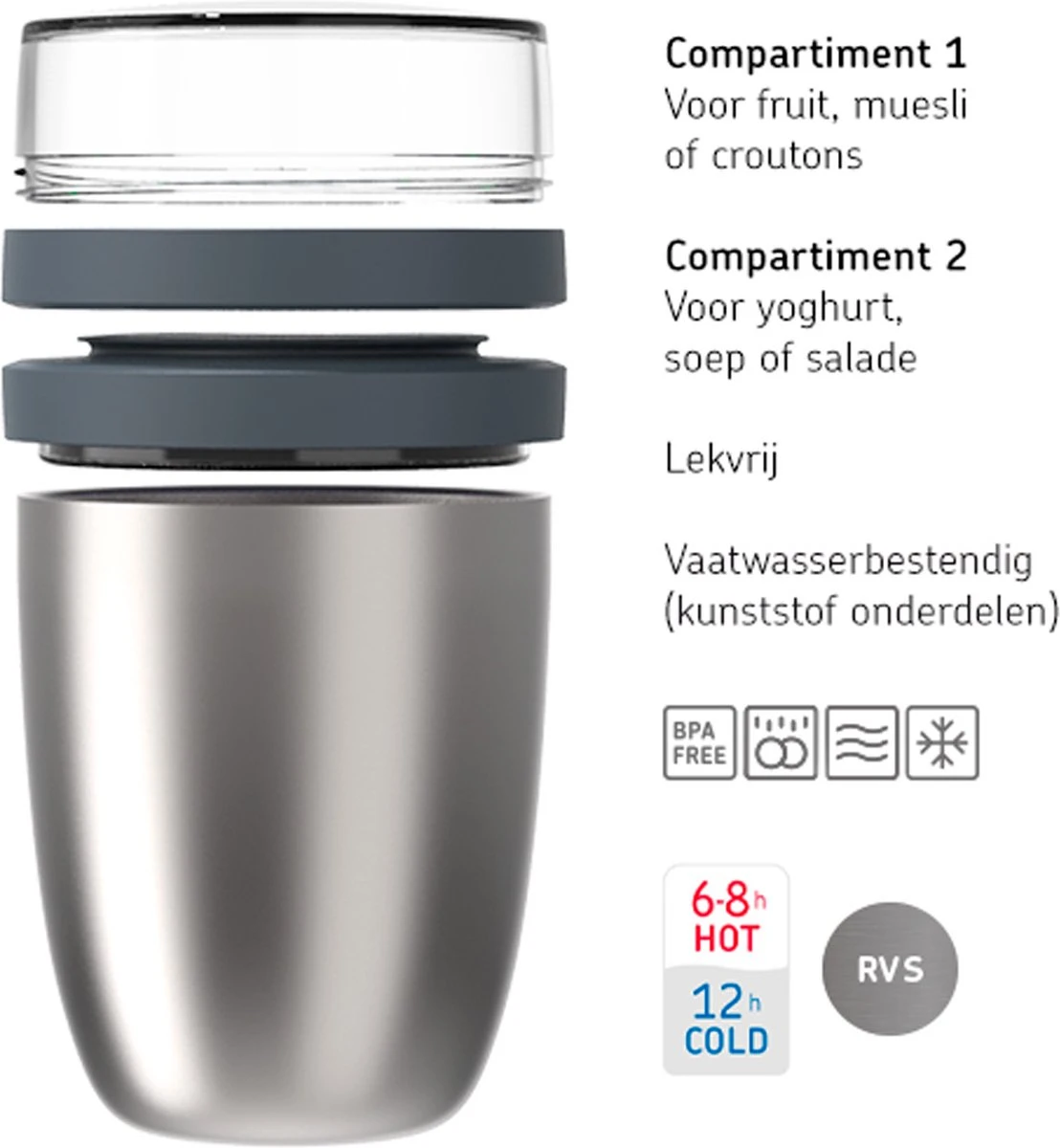Mepal – Isoleer Lunchpot Ellipse – Houdt Je Eten 6-8 Uur Warm En 12 Uur Koud – Natural Brushed – 2 Compartimenten – Soep Beker To Go – Yoghurt Beker Muesli - Thermos Lunchbox - Afbeelding 2