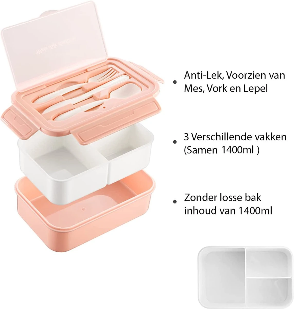 Consumerce® Premium Lunchbox Met 3 Vakken En Bestek Roze – Lunchbox Volwassenen – Japanse Bento Box – Lunchbox Kinderen – Lunchbox Volwassenen Compartimenten – Brooddoos Volwassenen – Broodtrommel – Lunchtrommel – Salade Lunchbox – Saladebox - Afbeelding 4
