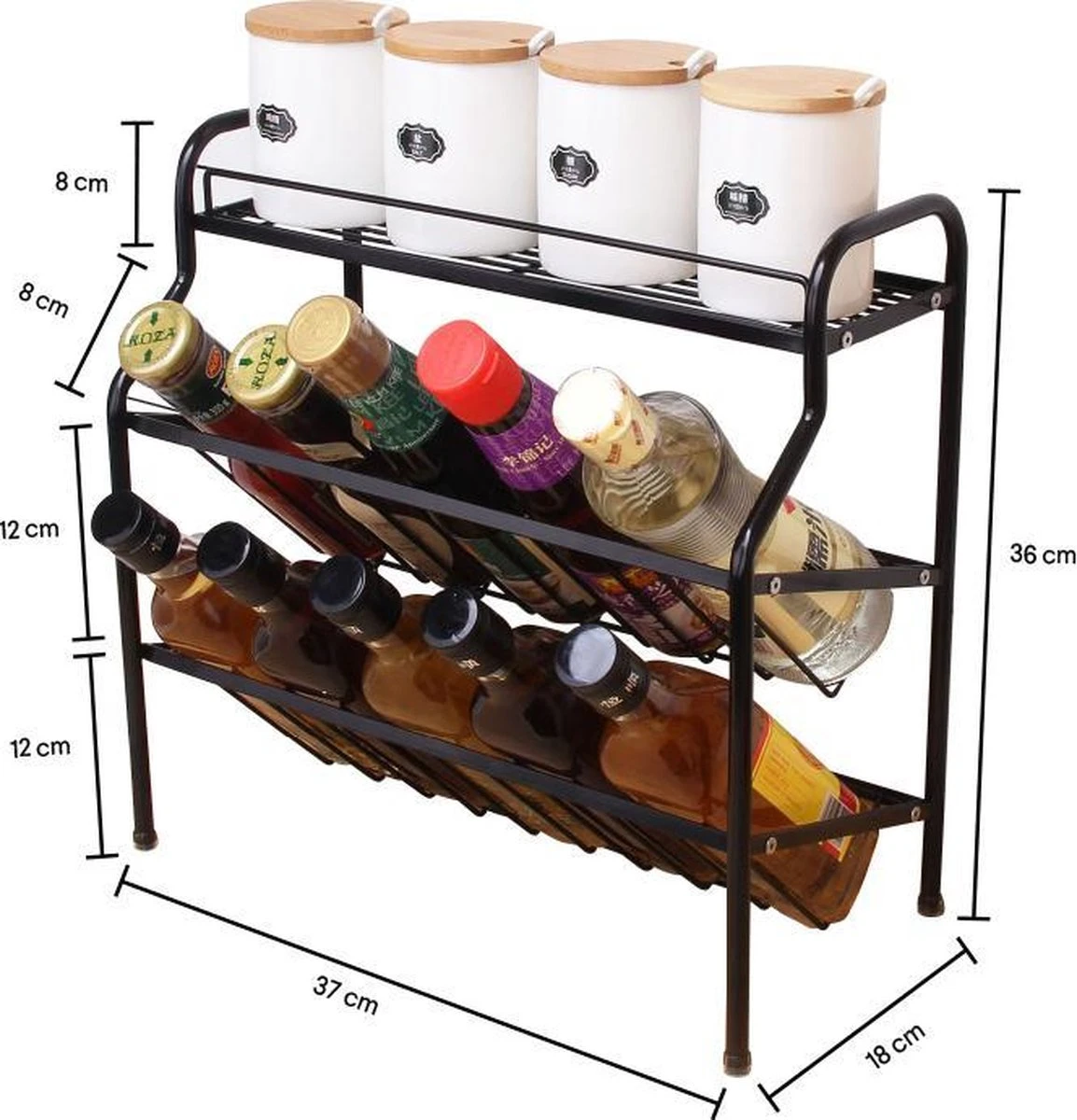 Zindoo Kruidenrek Zwart 3-laags Staand - Specerijen Rek - Kruiden Rek - Duurzaam RVS - Anti Slip Onderzijde - Specerijenstandaard – Keukenorganizer - Spice Rack - Kitchen Rack - Spice Organizer Keukenaccessoire - ZIN-SR05 - Afbeelding 5