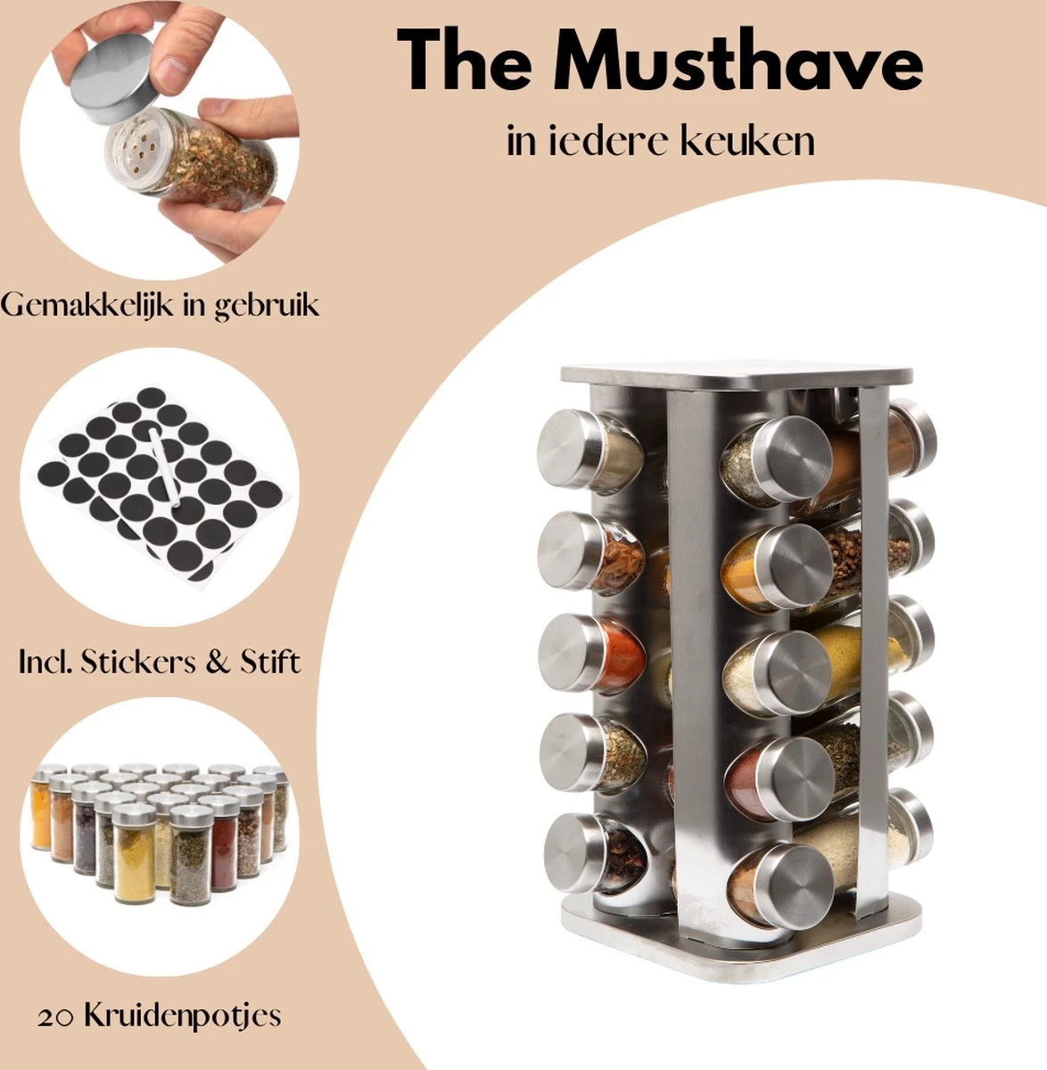 Pazzo Goods - Kruidenrek Staand - Kruidenrek Met Potjes - Zilver - RVS - Kruidenrek Draaibaar - 20 Kruidenpotjes - Inclusief Stickers & Stift - Kruiden Carrousel - Afbeelding 2