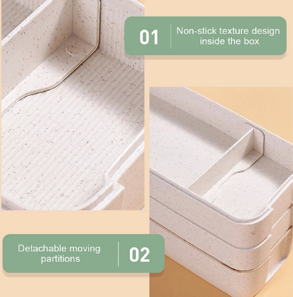 Bento Lunchbox - Lunchtrommel 900ml 3 Laags - Inclusief Bestek - Beige - Opline - Afbeelding 2