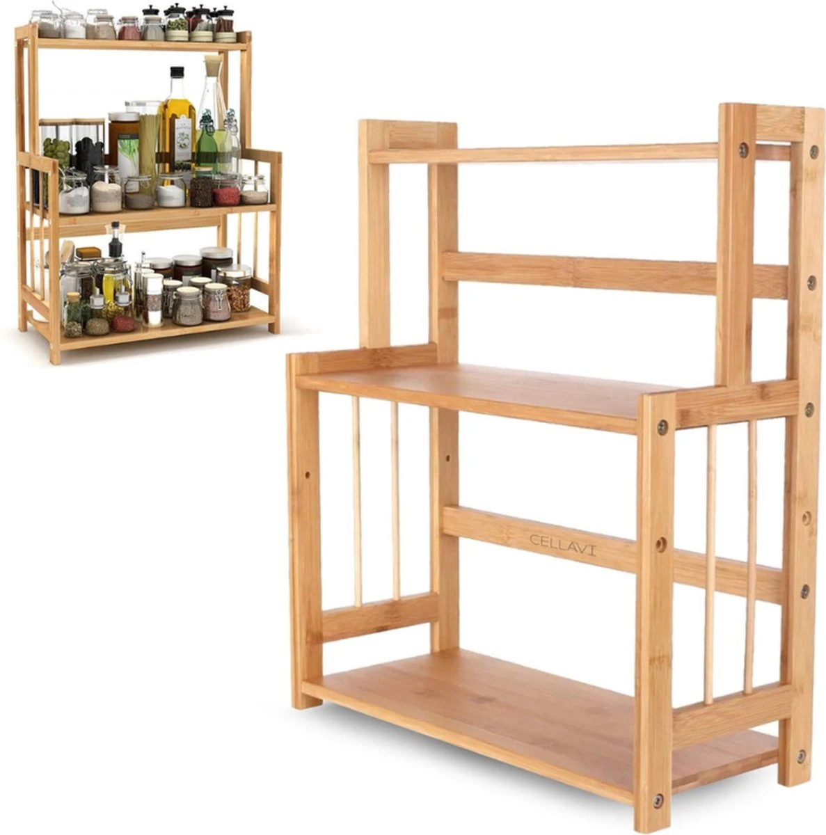 Cellavi Duurzaam Kruidenrek Staand Van Bamboe - Keukenrek Verstelbaar - Keuken Accessoires - Stevige Constructie - Multifunctioneel En Waterafstotend