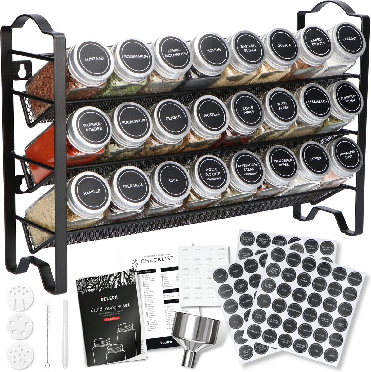 Deleca Kruidenrek Organizer Met 24 Kruidenpotjes - Vierkant - Strooideksel & Labels - Ophangbaar Of Staand - Industrieel / Zwart