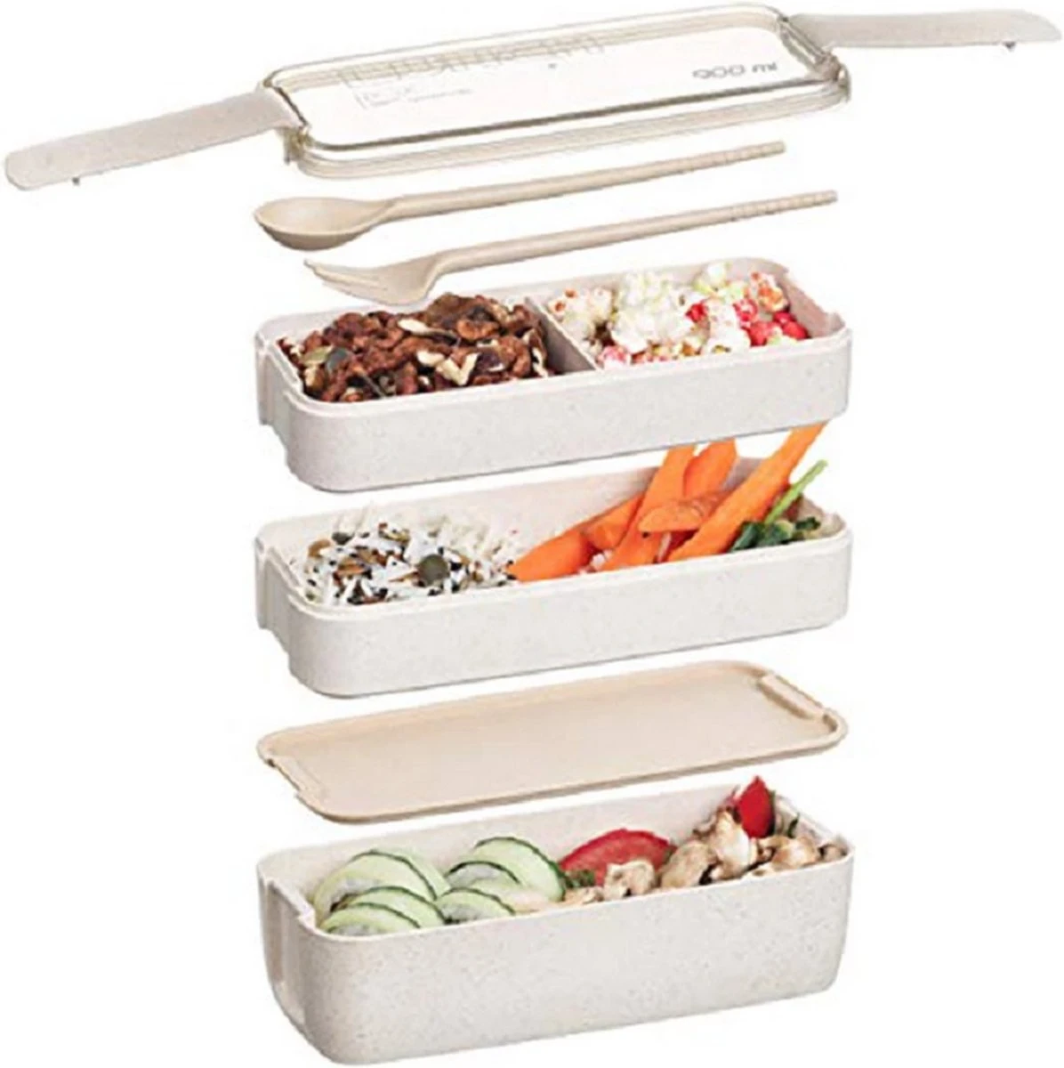 Bento Lunchbox - Lunchtrommel 900ml 3 Laags - Inclusief Bestek - Beige - Opline - Afbeelding 6