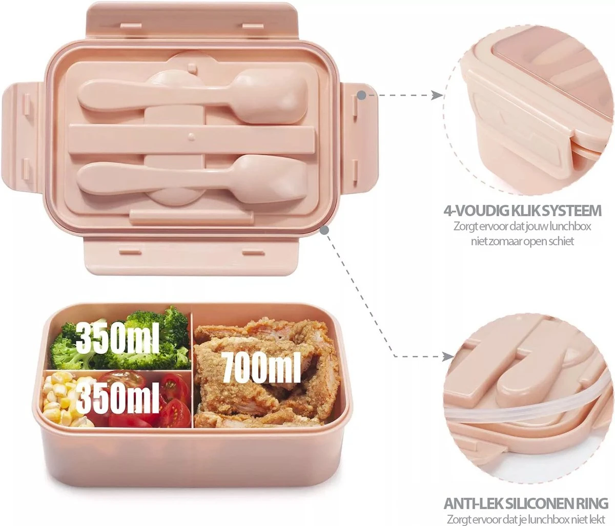 Consumerce® Premium Lunchbox Met 3 Vakken En Bestek Roze – Lunchbox Volwassenen – Japanse Bento Box – Lunchbox Kinderen – Lunchbox Volwassenen Compartimenten – Brooddoos Volwassenen – Broodtrommel – Lunchtrommel – Salade Lunchbox – Saladebox - Afbeelding 5