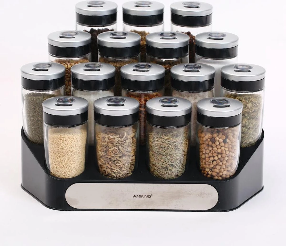 Merkloos Decopatent® Kruidenrek Incl. 16 Glazen Kruiden Potjes - Rvs Strooideksel - Staand Kruiden & Specerijen Rek - Kruidenpotjes Glas - Afbeelding 8