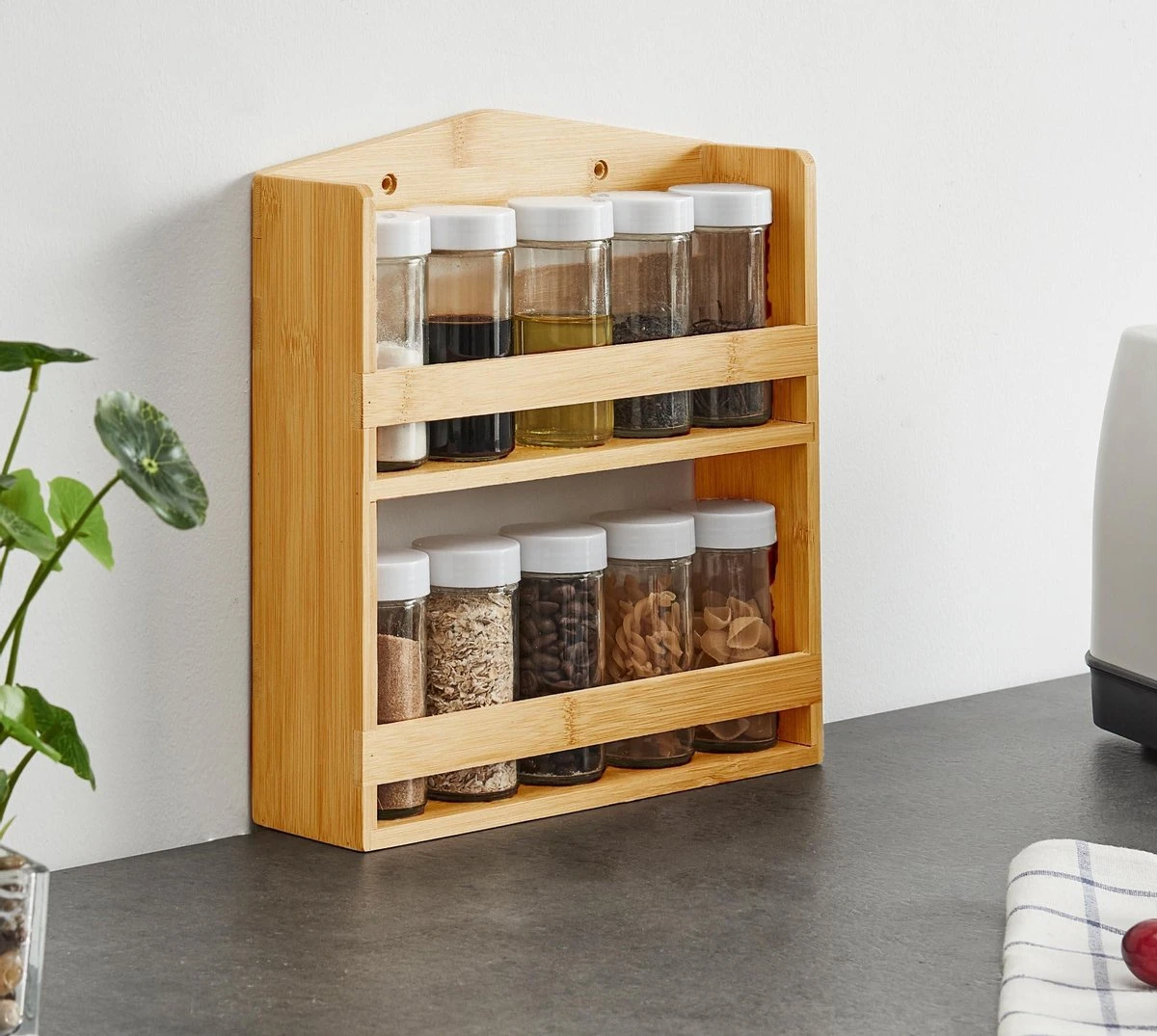 ACAZA Ophangbaar Kruidenrek Met 10 Glazen Kruidenpotjes, Spice Rack, Keuken Rek, Kruiden Organizer Voor Specerijen, Peper, Zout, 26 Cm Breed, Bamboe - Afbeelding 4