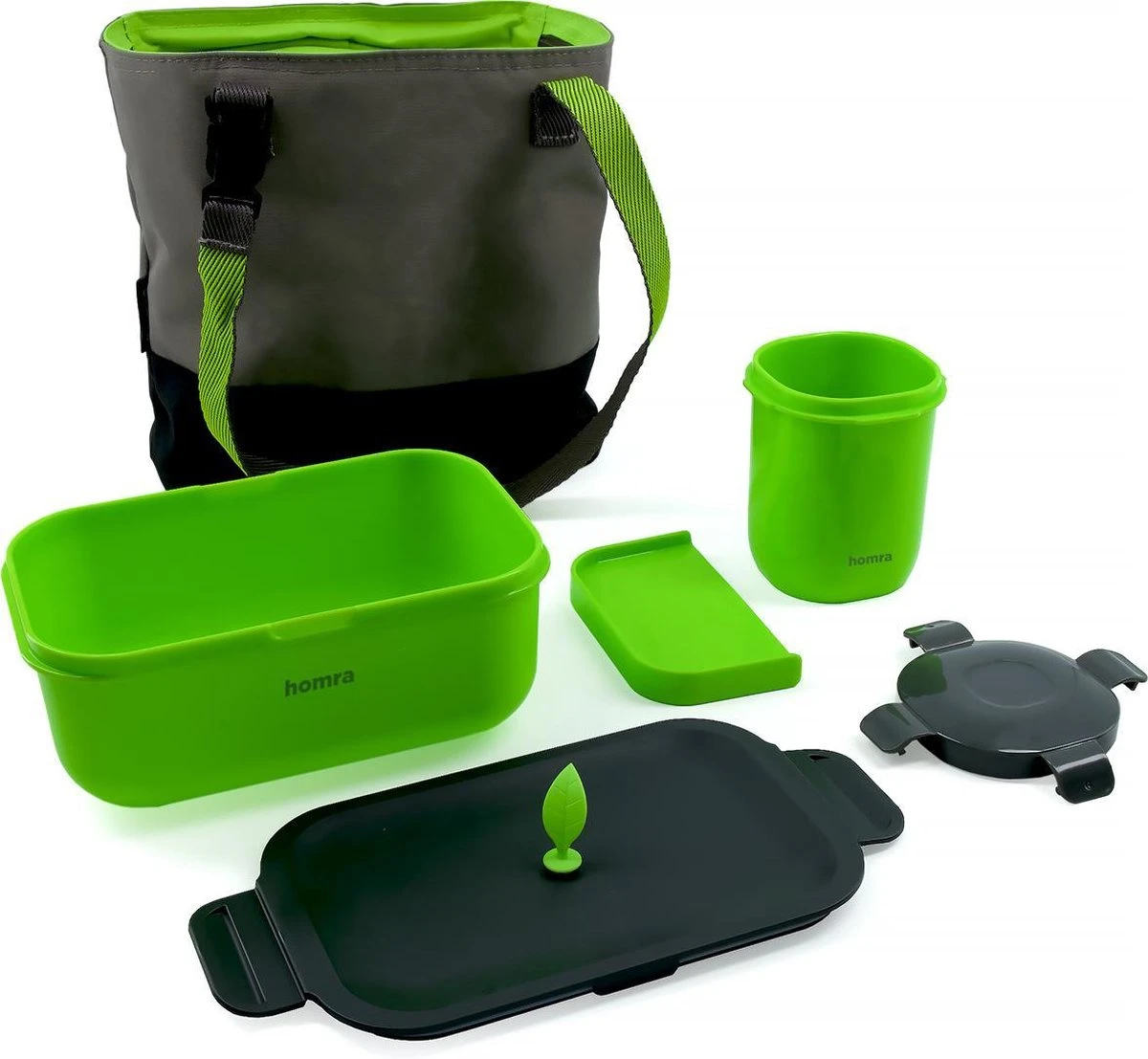 Homra Lunchset In Tas BREAQ Green - Broodtrommel - Yoghurtbeker - Koeltas - Lunch To Go - Duurzaam Kunststof - BPA Vrij - Lunchtrommel - Magnetron, Diepvries, Vaatwasser Bestendig - Grijs Met Groen - Picknick - Kantoor - School - Vers Houden - Afbeelding 2