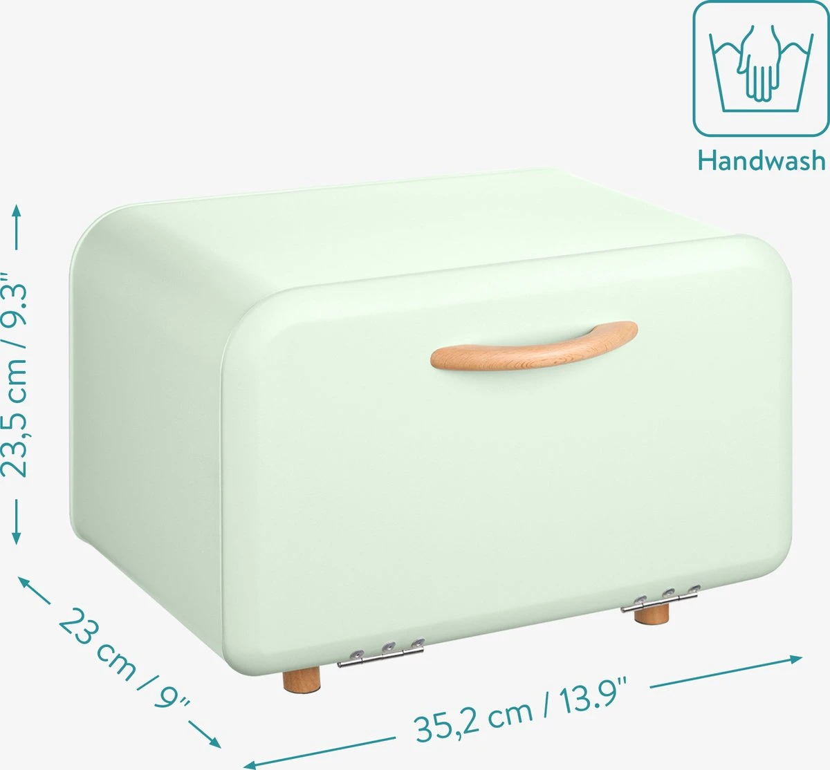 Navaris Metalen Broodtrommel Met Klapdeksel - Vershouddoos Voor Brood - 35 X 24 X 23 Cm - Van Ijzer Met Houten Details In Mintgroen - Afbeelding 5