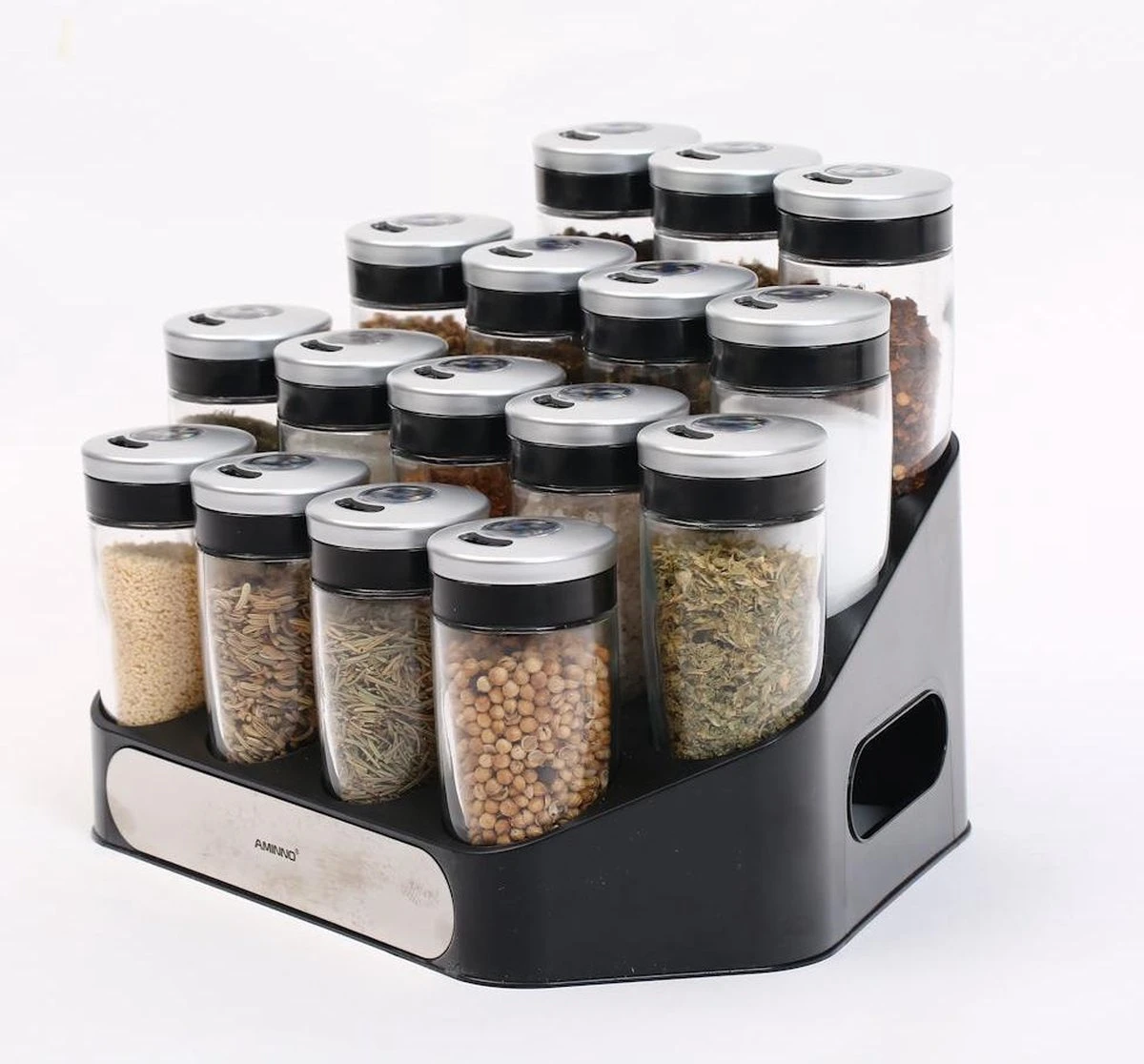 Merkloos Decopatent® Kruidenrek Incl. 16 Glazen Kruiden Potjes - Rvs Strooideksel - Staand Kruiden & Specerijen Rek - Kruidenpotjes Glas - Afbeelding 4