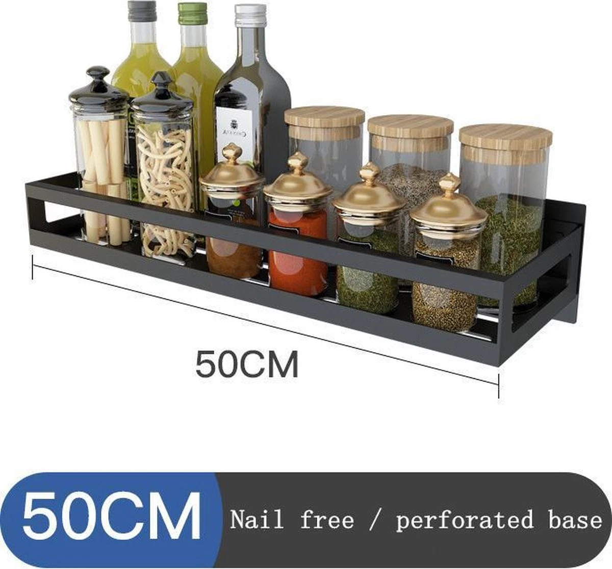 Merkloos Kruidenrek / Opbergrek - RVS - Perforatievrij Aan De Muur Gemonteerd - 50x13x6 Cm - Zwart - Afbeelding 7