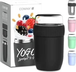 Coninx Thermos Lunchbox - Muesli Beker To Go - Isoleer Lunchpot - Yoghurtbeker To Go - Mueslibeker 840ml (600ml+240ml) - RVS / Zwart