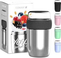 Coninx Thermos Lunchbox - Muesli Beker To Go - Isoleer Lunchpot - Yoghurtbeker To Go - Mueslibeker 840ml (600ml+240ml) - RVS