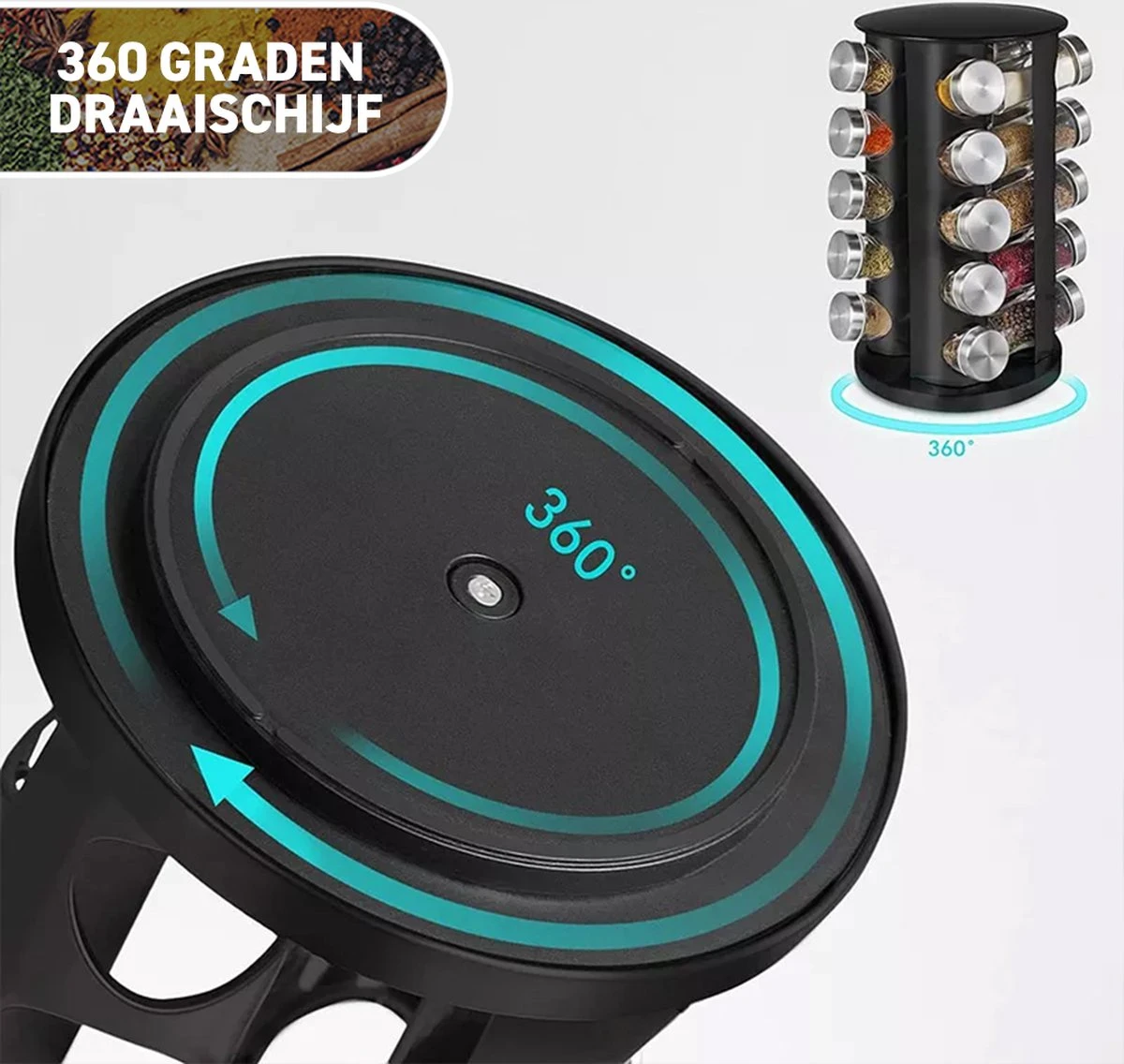 Merkloos Draaibaar Kruidenrek Met 20 Kruidenpotjes - Kruidenrek Staand - Aanrecht Organiser - Glazen Potjes Met Deksel - Inclusief 32 Etiketten En 1 Uitwisbare Stift - Ronde Afwerking - Zwart - Afbeelding 5