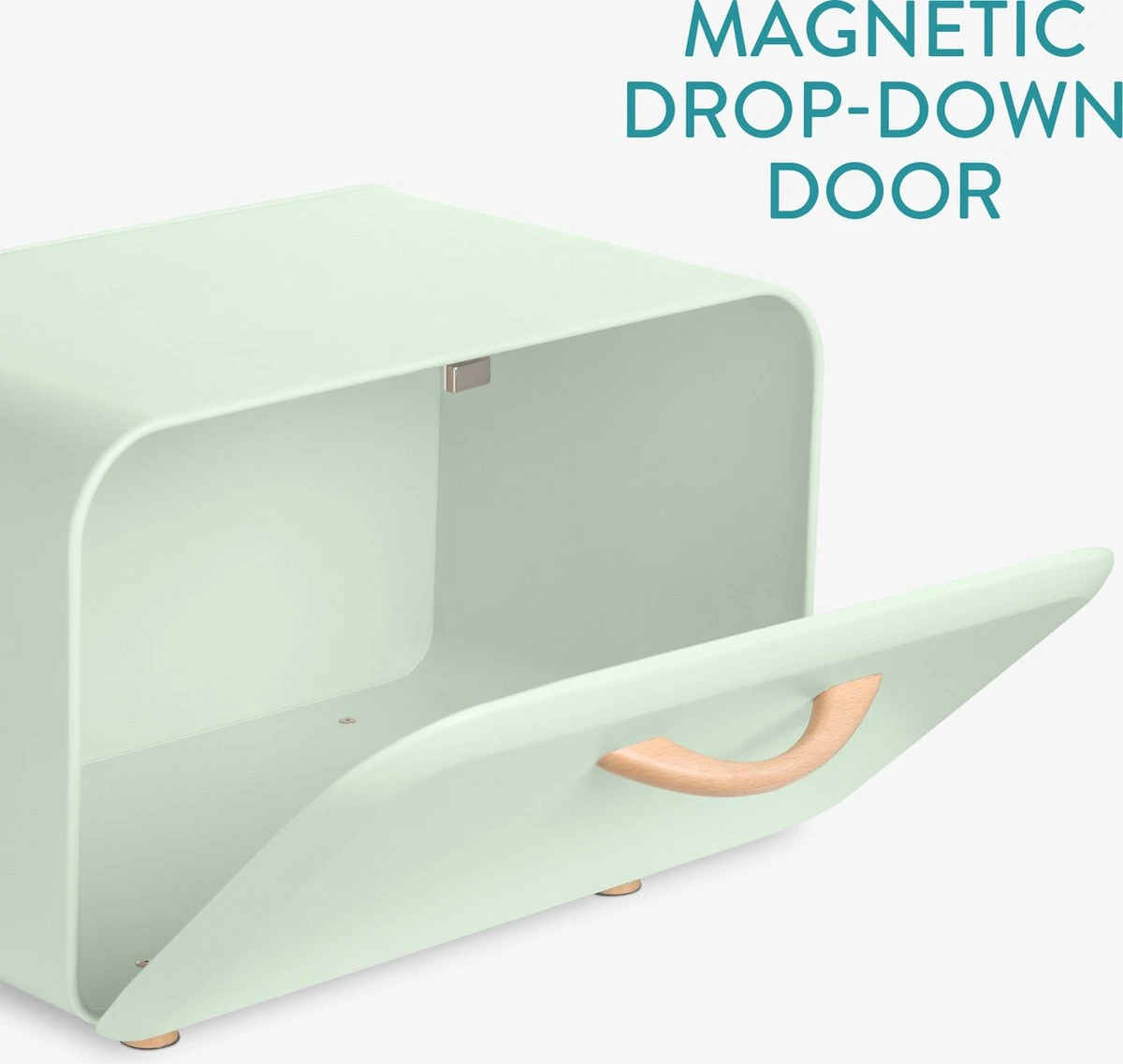 Navaris Metalen Broodtrommel Met Klapdeksel - Vershouddoos Voor Brood - 35 X 24 X 23 Cm - Van Ijzer Met Houten Details In Mintgroen - Afbeelding 2