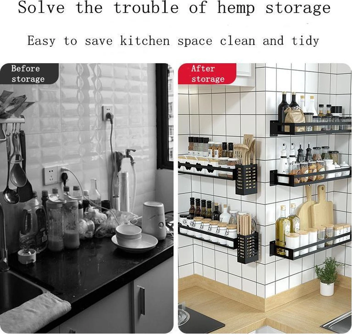 Merkloos Kruidenrek / Opbergrek - RVS - Perforatievrij Aan De Muur Gemonteerd - 50x13x6 Cm - Zwart - Afbeelding 4