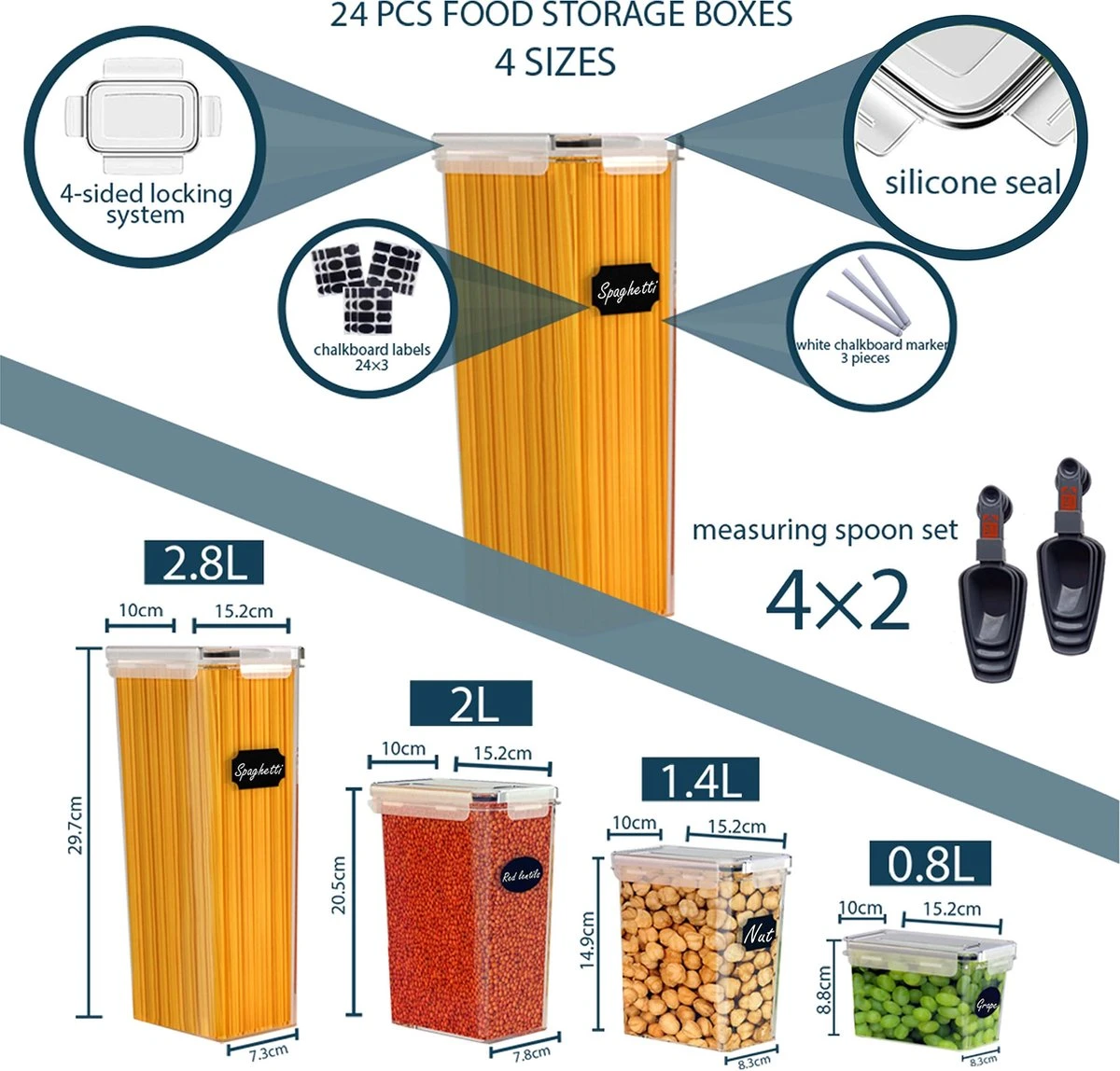 Empyrea Set Van 24 Luchtdichte Vershouddozen, Voorraad Bussen Opslag En Organisatie, Keuken En Voedselcontainer, Voorraadpotten Van Kunststof, BPA-vrij, 72 Etiketten, 3 Markers En 8 Lepels Meegeleverd | Keuken Organizer Voorraadcontainers - Afbeelding 2