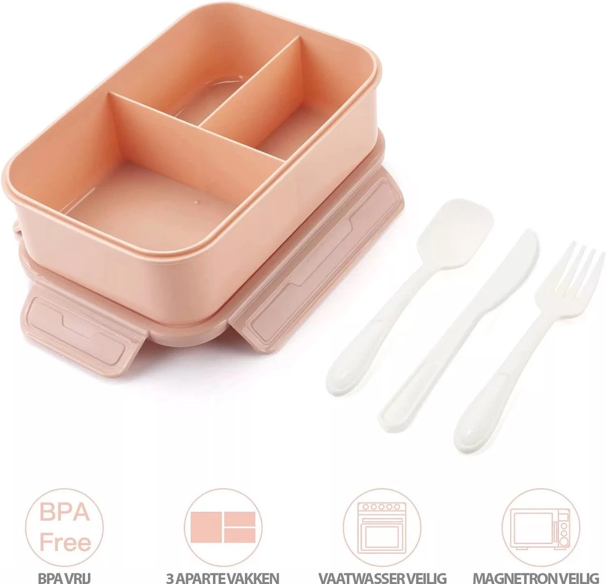 Consumerce® Premium Lunchbox Met 3 Vakken En Bestek Roze – Lunchbox Volwassenen – Japanse Bento Box – Lunchbox Kinderen – Lunchbox Volwassenen Compartimenten – Brooddoos Volwassenen – Broodtrommel – Lunchtrommel – Salade Lunchbox – Saladebox - Afbeelding 3