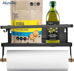 Merkloos Kruidenrek Zwart - Multifunctioneel Ophangbaar Keukenrek - Keukenrolhouder Zwart - Multifunctioneel Kruidenrek - Magnetisch Kruidenrek - Keuken Organizer - Koelkast Rek