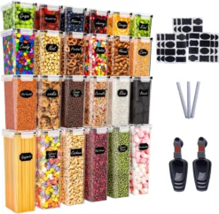 Empyrea Set Van 24 Luchtdichte Vershouddozen, Voorraad Bussen Opslag En Organisatie, Keuken En Voedselcontainer, Voorraadpotten Van Kunststof, BPA-vrij, 72 Etiketten, 3 Markers En 8 Lepels Meegeleverd | Keuken Organizer Voorraadcontainers