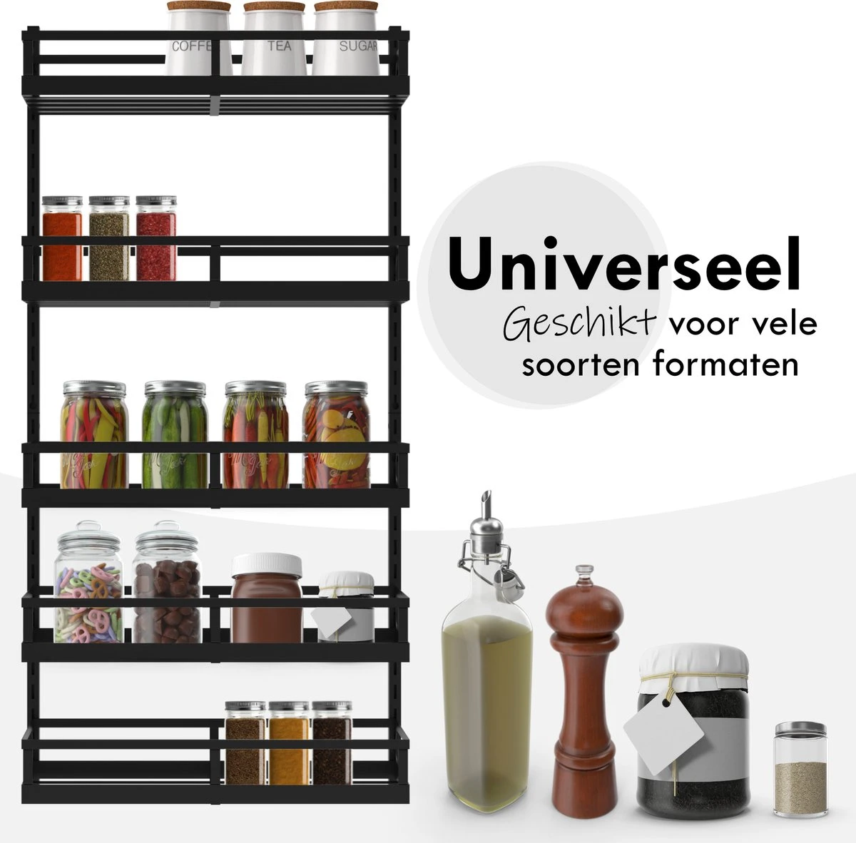 Soome Viljo - Kruidenrek Ophangbaar - Keukenrek - Wandrek - Keuken Organizer - 5 Laags - Verstelbaar - Staal - Zwart - H85xB42.5cm - Afbeelding 7