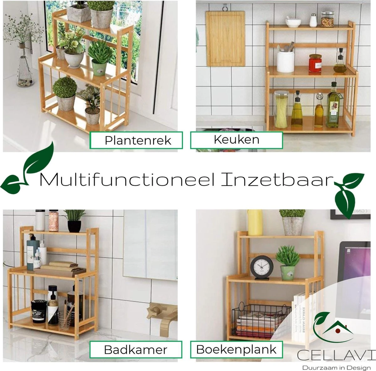 Cellavi Duurzaam Kruidenrek Staand Van Bamboe - Keukenrek Verstelbaar - Keuken Accessoires - Stevige Constructie - Multifunctioneel En Waterafstotend - Afbeelding 3