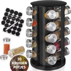 Merkloos Draaibaar Kruidenrek Met 20 Kruidenpotjes - Kruidenrek Staand - Aanrecht Organiser - Glazen Potjes Met Deksel - Inclusief 32 Etiketten En 1 Uitwisbare Stift - Ronde Afwerking - Zwart