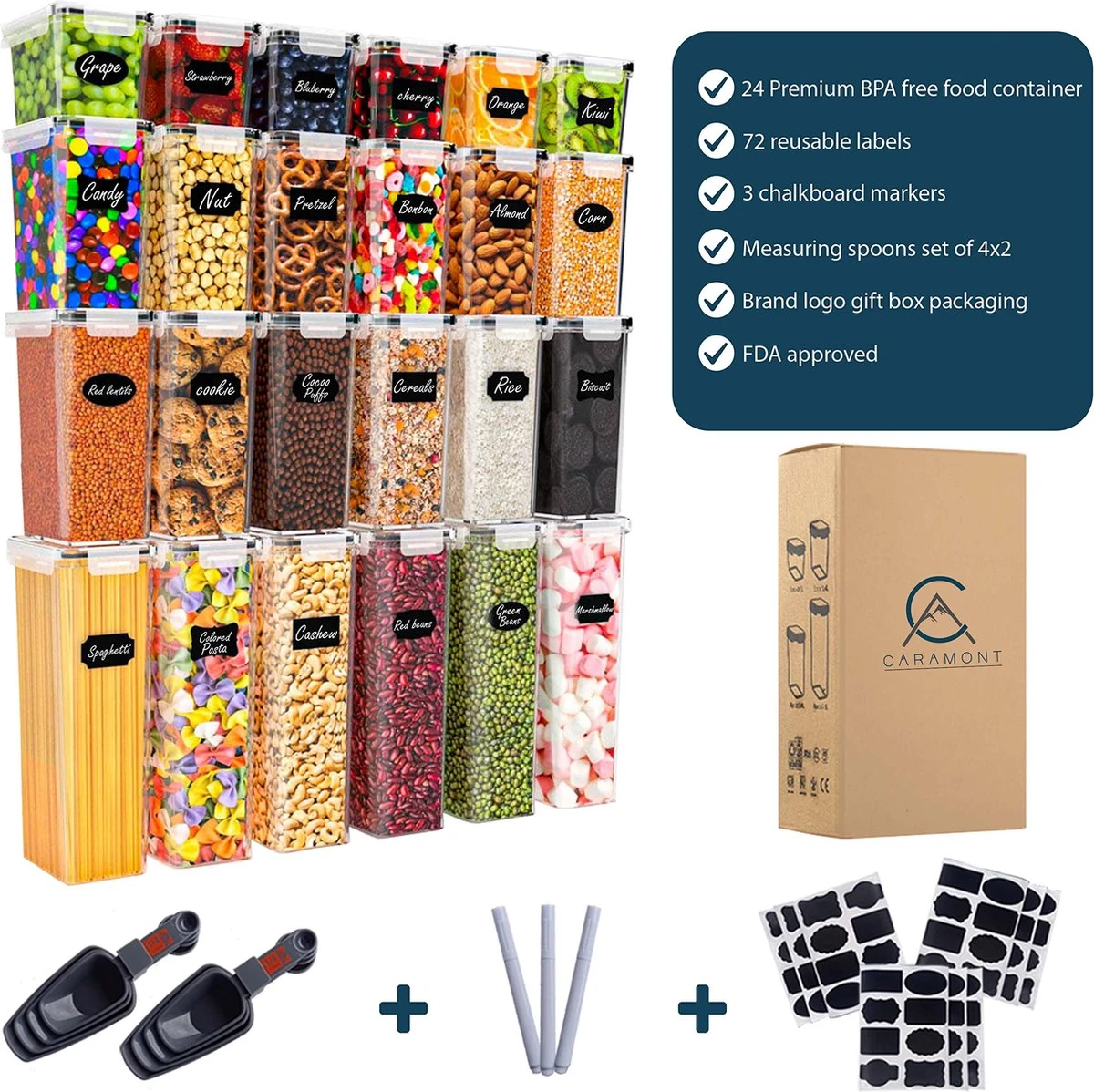 Empyrea Set Van 24 Luchtdichte Vershouddozen, Voorraad Bussen Opslag En Organisatie, Keuken En Voedselcontainer, Voorraadpotten Van Kunststof, BPA-vrij, 72 Etiketten, 3 Markers En 8 Lepels Meegeleverd | Keuken Organizer Voorraadcontainers - Afbeelding 6