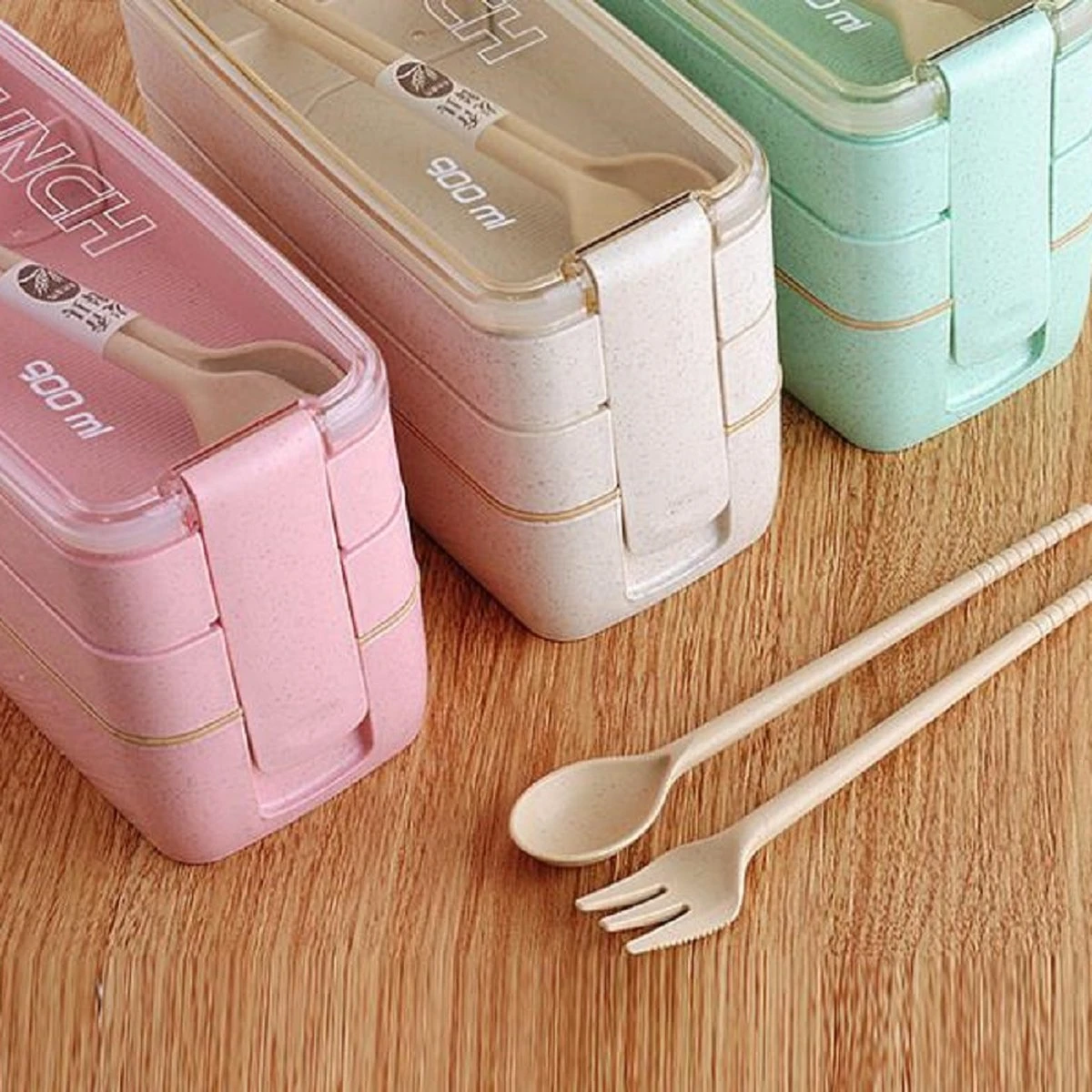 Bento Lunchbox - Lunchtrommel 900ml 3 Laags - Inclusief Bestek - Beige - Opline - Afbeelding 3
