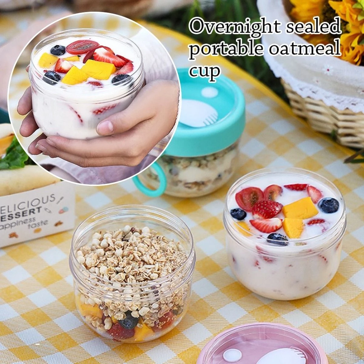 Deluqse Overnight Oats Potjes - Overnights Oats Beker - Set Van 3 - Oats Potjes - Overnight Oats Jar - Muesli Beker - Havermout Potjes - Afbeelding 3