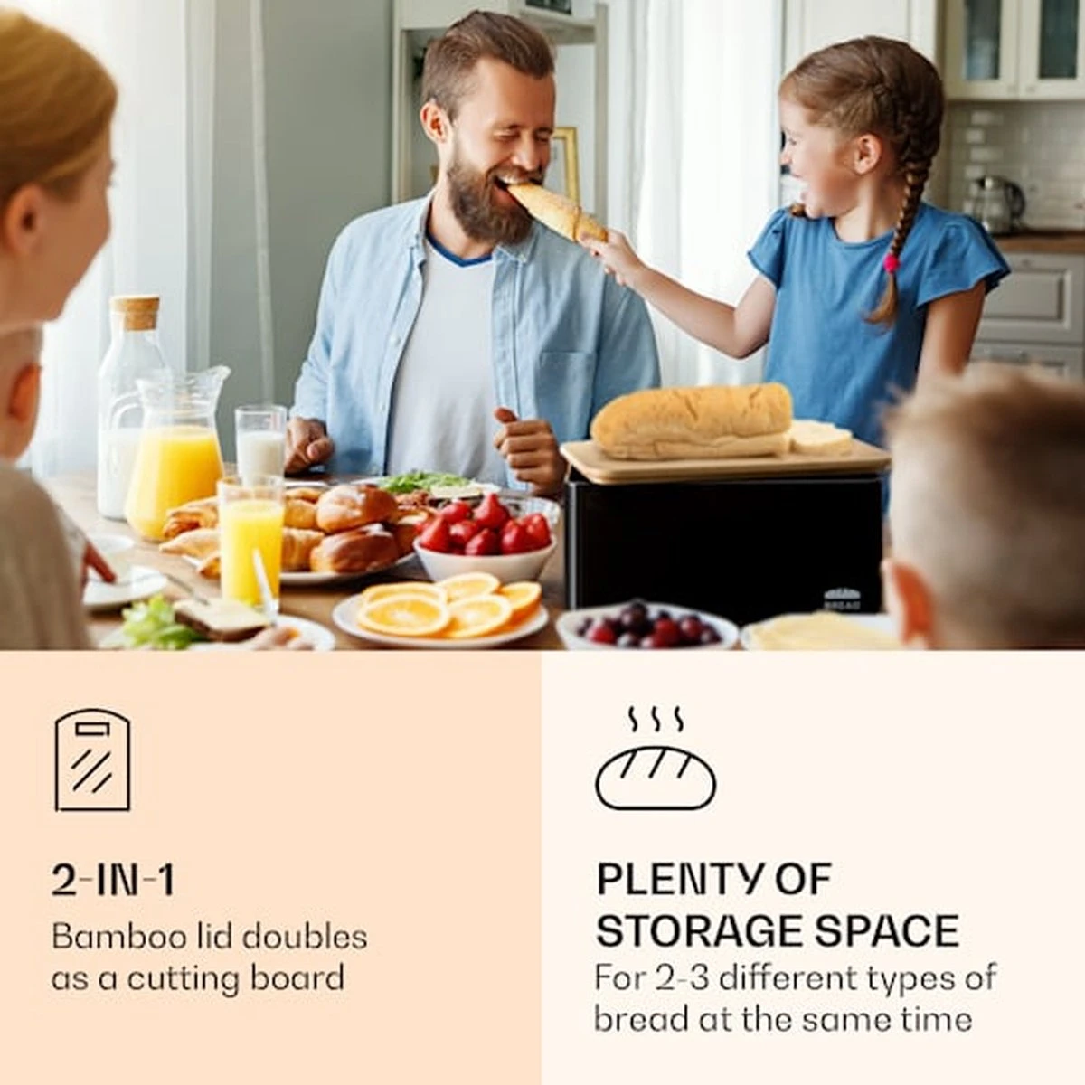 Klarstein Granrosi Oklahoma Broodtrommel - 35,5 X 15,5 X 23 Cm - Brooddoos Met Snijplank - Metaal & Bamboe - Afbeelding 2