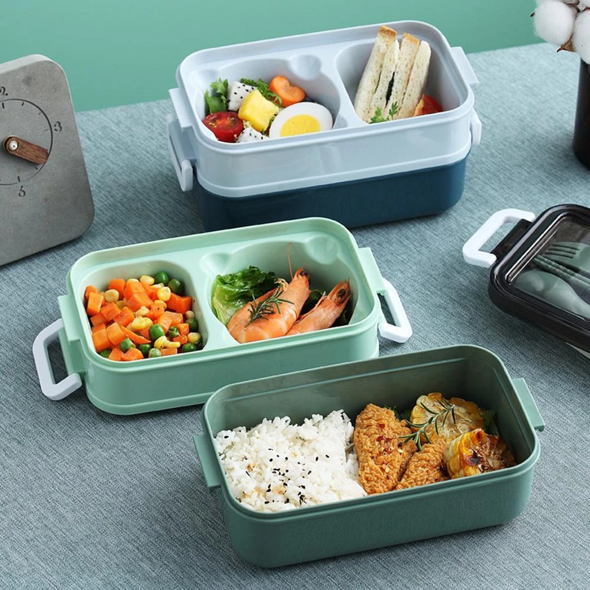 Lunchbox - Meal Prep Bakjes - Lunch Box Met Deksel - Meal Prep – Bento Box - Lunchtrommel Met Bestek Blauw - Afbeelding 7