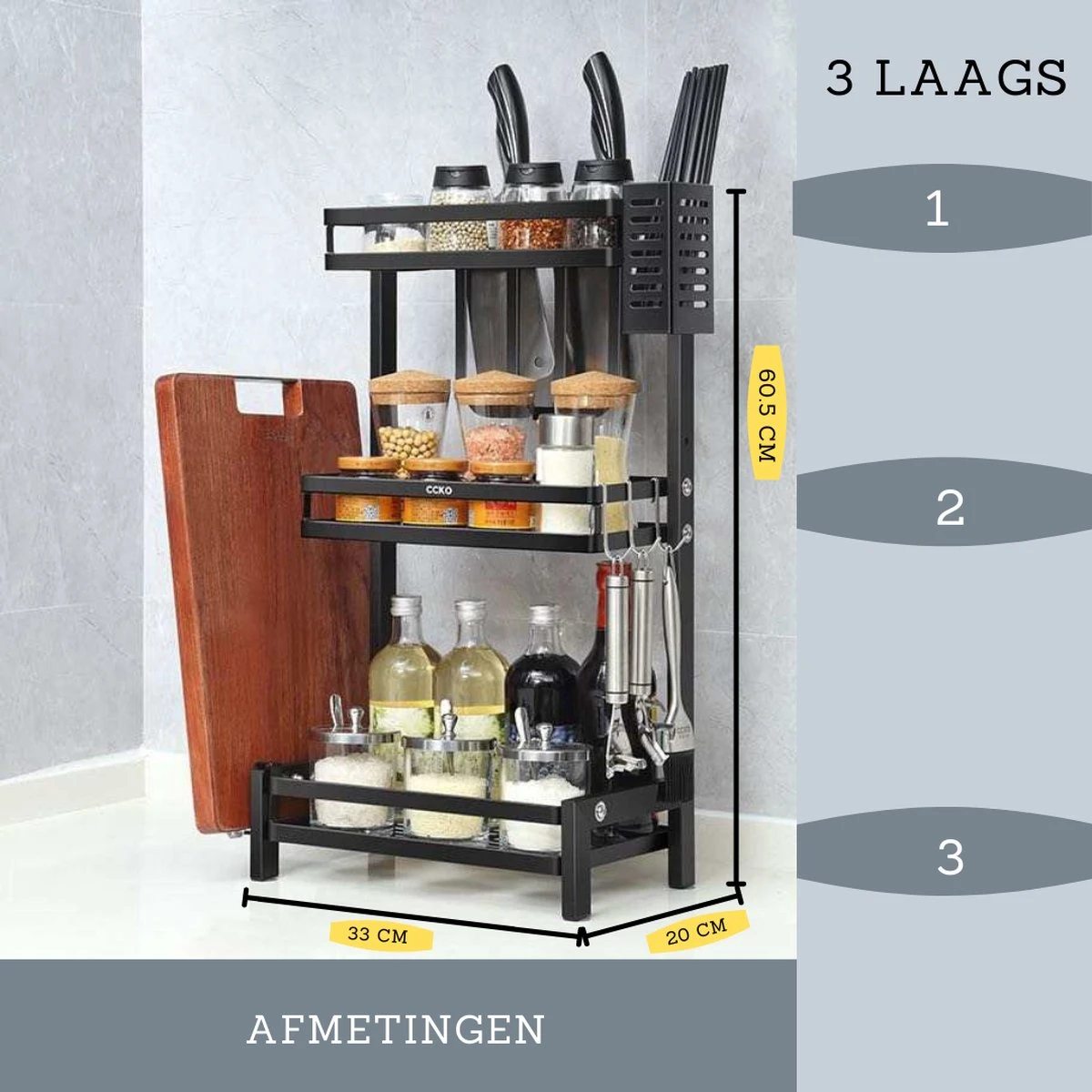 Koflergoods - Kruidenrek - Kruidenrek Staal - 3 Laags - Opbergrek - Keuken Organizer - Roestvrijstaal - Aanrecht Organizer - Afbeelding 2