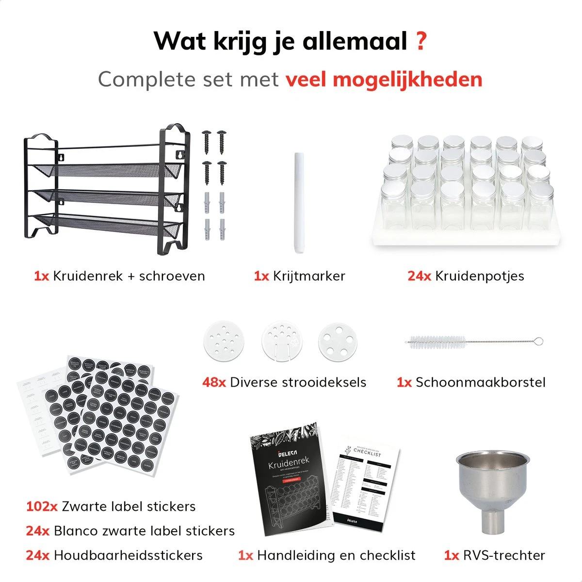 Deleca Kruidenrek Organizer Met 24 Kruidenpotjes - Vierkant - Strooideksel & Labels - Ophangbaar Of Staand - Industrieel / Zwart - Afbeelding 2