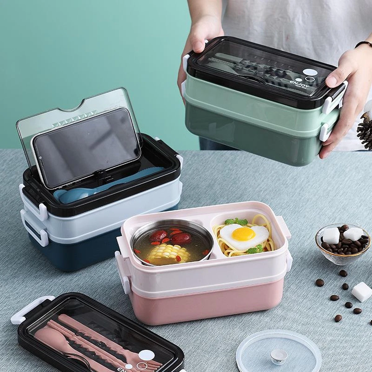 Lunchbox - Meal Prep Bakjes - Lunch Box Met Deksel - Meal Prep – Bento Box - Lunchtrommel Met Bestek Blauw - Afbeelding 16