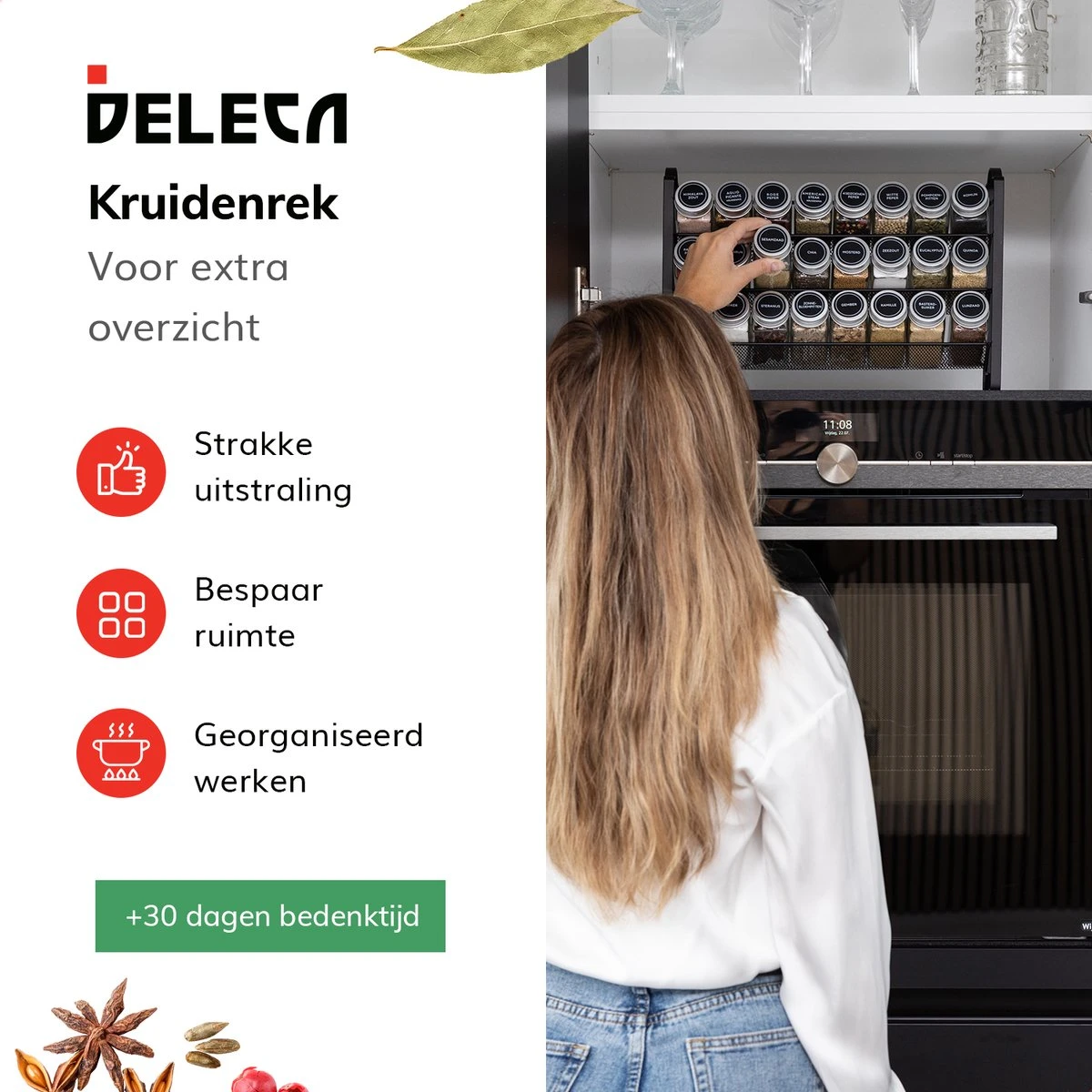 Deleca Kruidenrek Organizer Met 24 Kruidenpotjes - Vierkant - Strooideksel & Labels - Ophangbaar Of Staand - Industrieel / Zwart - Afbeelding 4