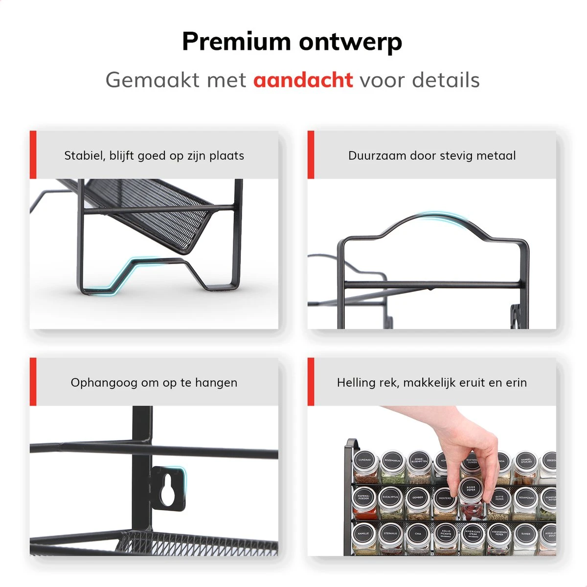 Deleca Kruidenrek Organizer Met 24 Kruidenpotjes - Vierkant - Strooideksel & Labels - Ophangbaar Of Staand - Industrieel / Zwart - Afbeelding 11