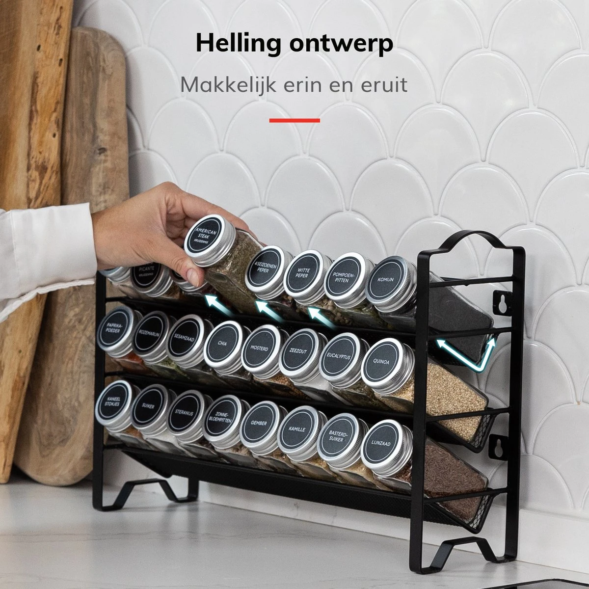 Deleca Kruidenrek Organizer Met 24 Kruidenpotjes - Vierkant - Strooideksel & Labels - Ophangbaar Of Staand - Industrieel / Zwart - Afbeelding 12