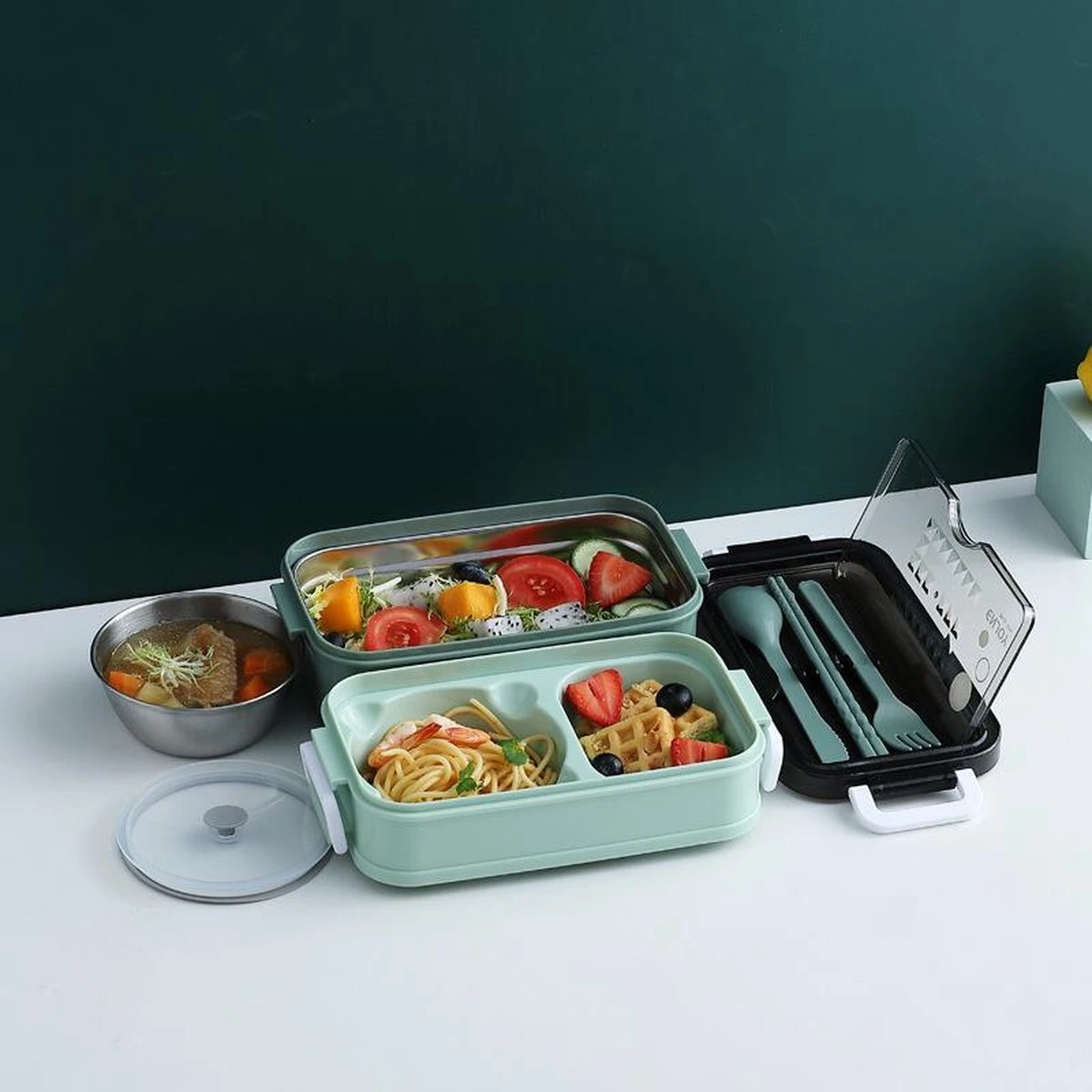 Lunchbox - Meal Prep Bakjes - Lunch Box Met Deksel - Meal Prep – Bento Box - Lunchtrommel Met Bestek Blauw - Afbeelding 17