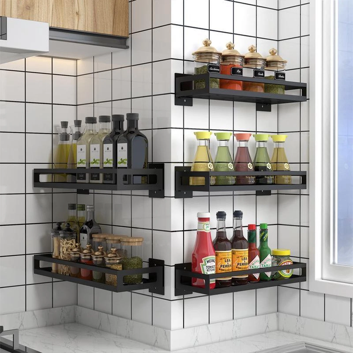 Merkloos Kruidenrek / Opbergrek - RVS - Perforatievrij Aan De Muur Gemonteerd - 50x13x6 Cm - Zwart - Afbeelding 2