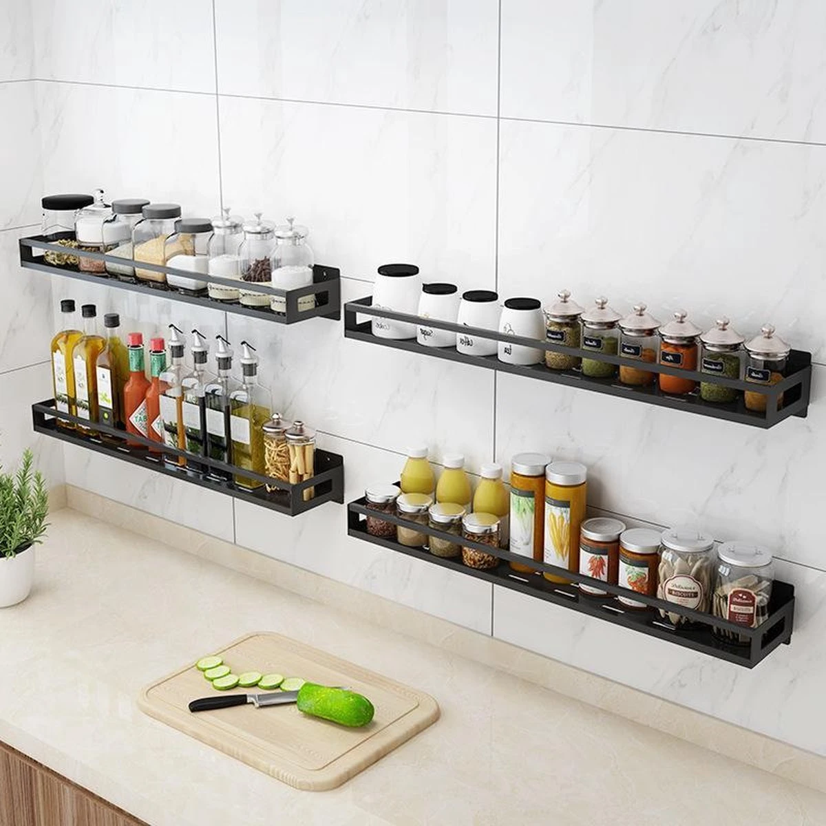 Merkloos Kruidenrek / Opbergrek - RVS - Perforatievrij Aan De Muur Gemonteerd - 50x13x6 Cm - Zwart - Afbeelding 3