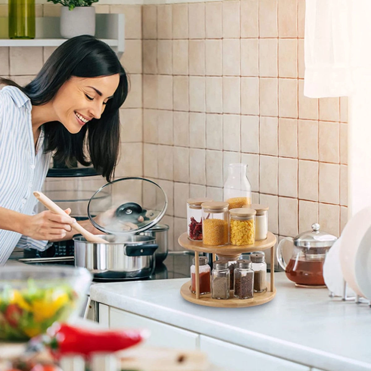 Merkloos Decopatent® Kruidenrek / Fruitschaal Bamboe - Rond - Kruiden Carrousel - Draaibaar - Staand Bamboe Specerijenrek Draaiplateau - Fruitrek - Afbeelding 5