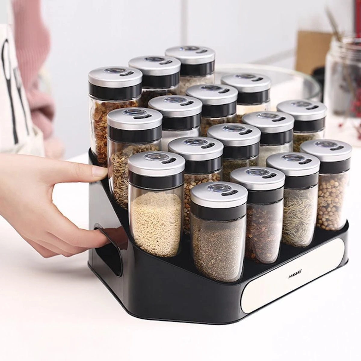 Merkloos Decopatent® Kruidenrek Incl. 16 Glazen Kruiden Potjes - Rvs Strooideksel - Staand Kruiden & Specerijen Rek - Kruidenpotjes Glas - Afbeelding 7