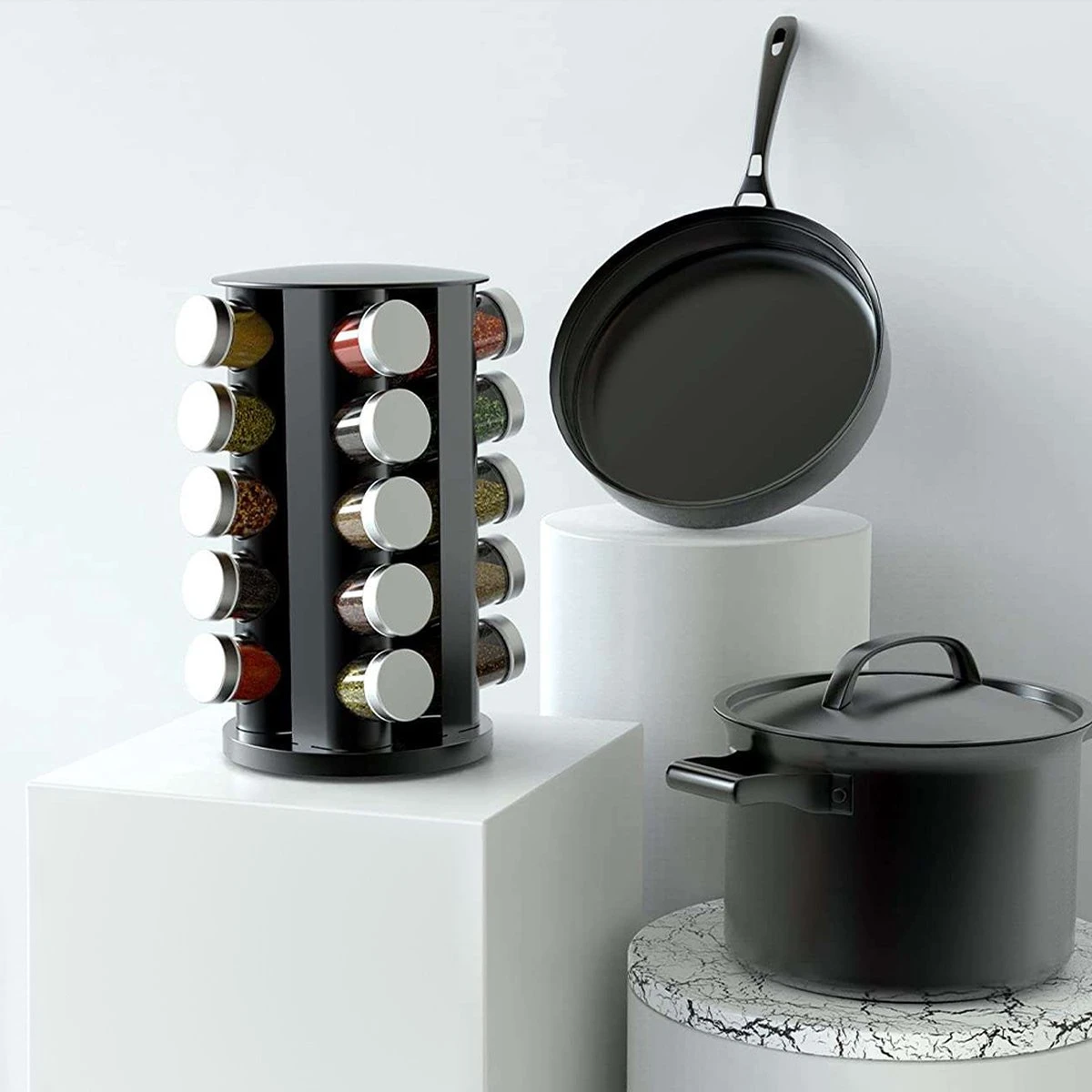 Merkloos Draaibaar Kruidenrek Met 20 Kruidenpotjes - Kruidenrek Staand - Aanrecht Organiser - Glazen Potjes Met Deksel - Inclusief 32 Etiketten En 1 Uitwisbare Stift - Ronde Afwerking - Zwart - Afbeelding 3