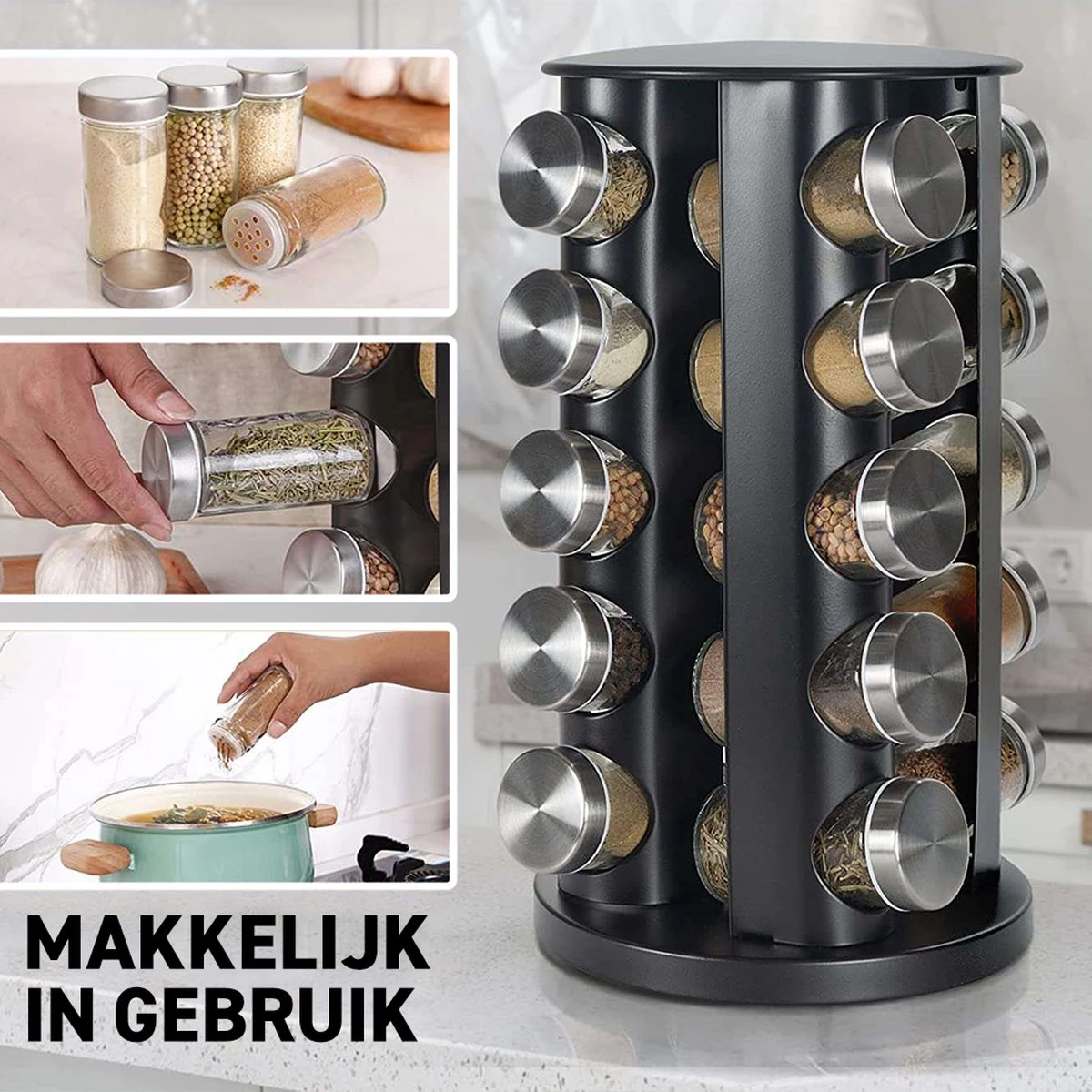 Merkloos Draaibaar Kruidenrek Met 20 Kruidenpotjes - Kruidenrek Staand - Aanrecht Organiser - Glazen Potjes Met Deksel - Inclusief 32 Etiketten En 1 Uitwisbare Stift - Ronde Afwerking - Zwart - Afbeelding 8