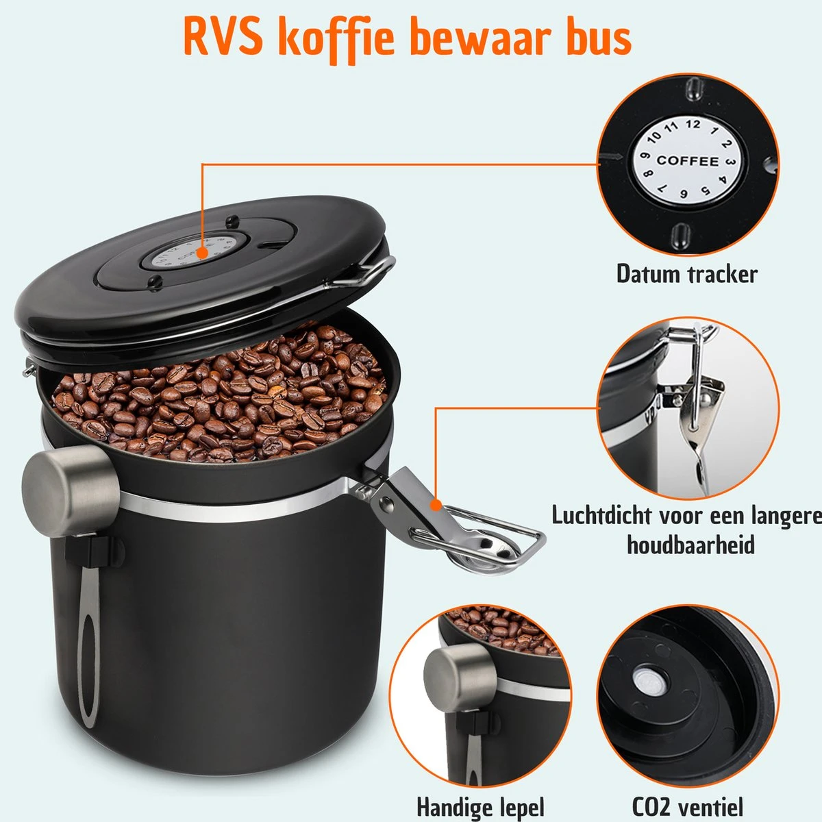 Koffie Bewaarbus Luchtdicht Met CO2 Uitlaat - Koffieblik Bewaarblik Voor 500 Gr Koffiebonen - Zwart - 1.2L - Afbeelding 8