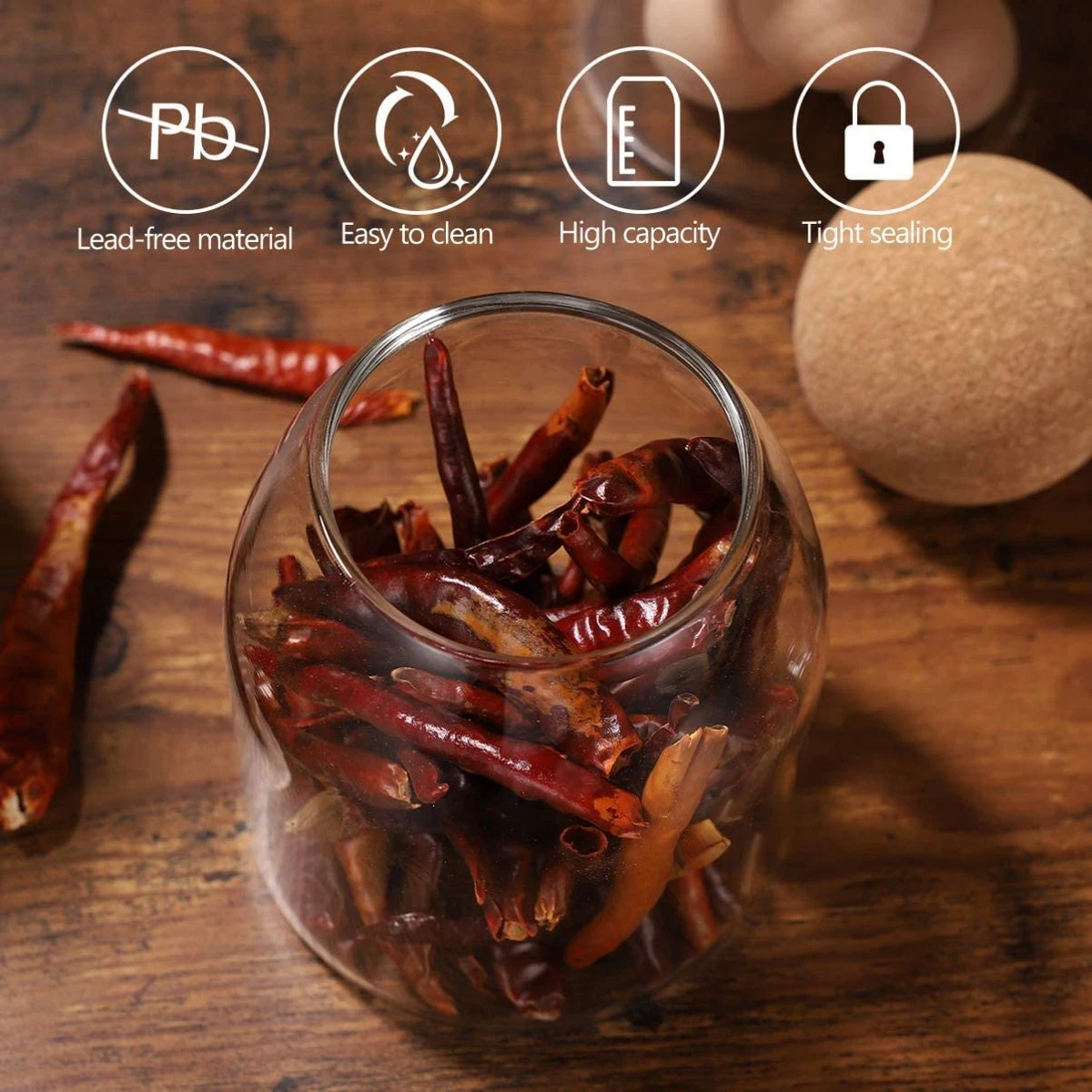 Igoods Helderglazen - Voorraadpot Met Kurkbal - Thee- En Koffiebus Met Bolvormig Houten Deksel - Voedselblikken - Keukenopslag - Opslagpotten - Afbeelding 5